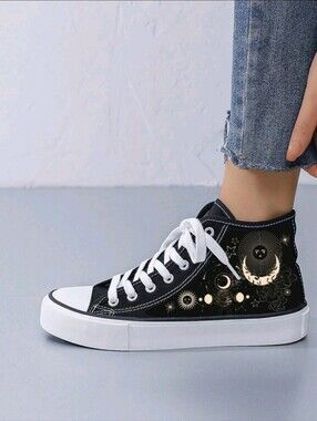 1 Pair Unisex Minimalist Fashion Flat Star Galaxy Black Canvas High-Top Sneakers